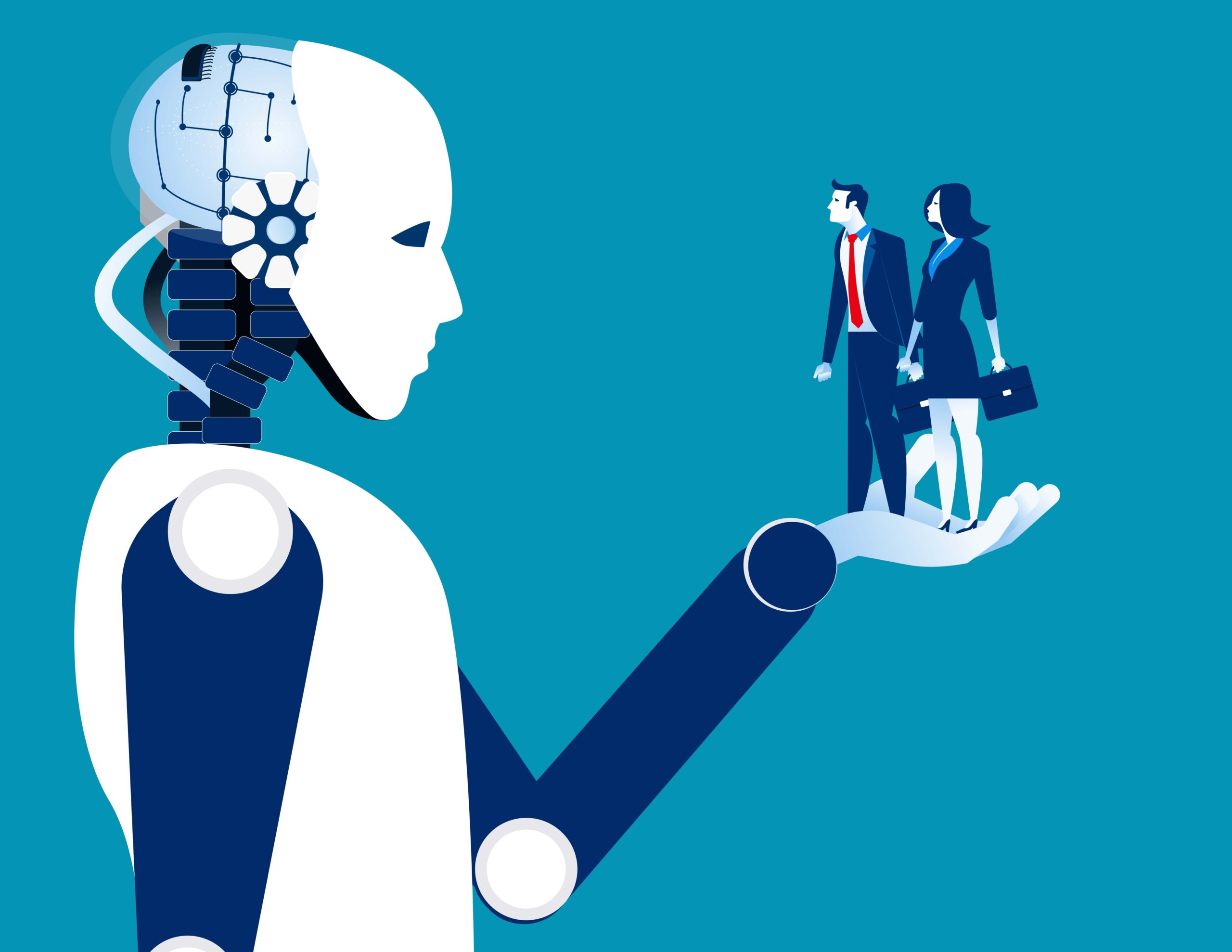 Image of a robot holding two business people, the cover image for the Working Identities report.