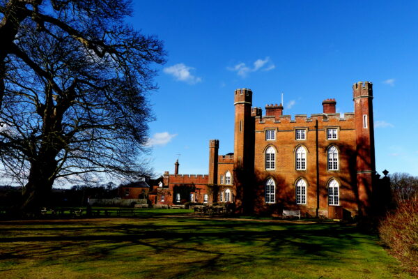 Side view of Cumberland Lodge in winter, from the grounds