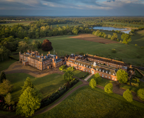 Aerial view of Cumberland Lodge in Windsor Great Park, at dawn