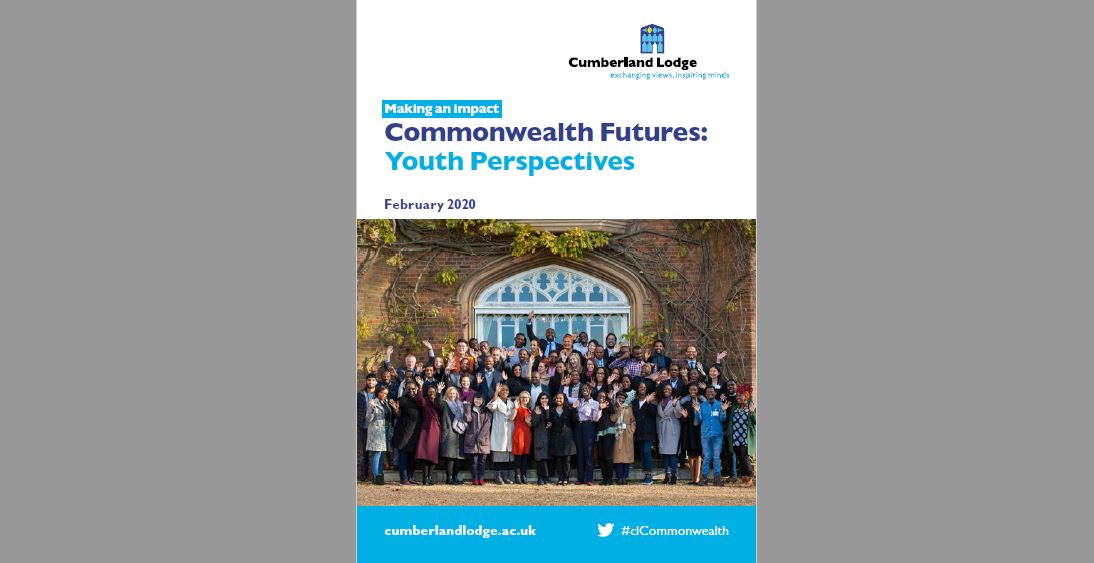 Front cover of the Cumberland Lodge impact report on its December 2019 symposium, 'Commonwealth Futures: Youth Perspectives'