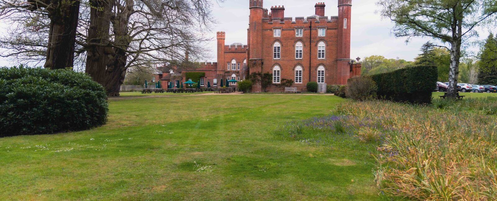 An area of lawn space at the side of the Cumberland Lodge building