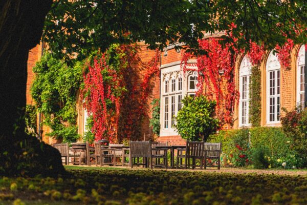 A view of Cumberland Lodge from under a tree in the gardens.