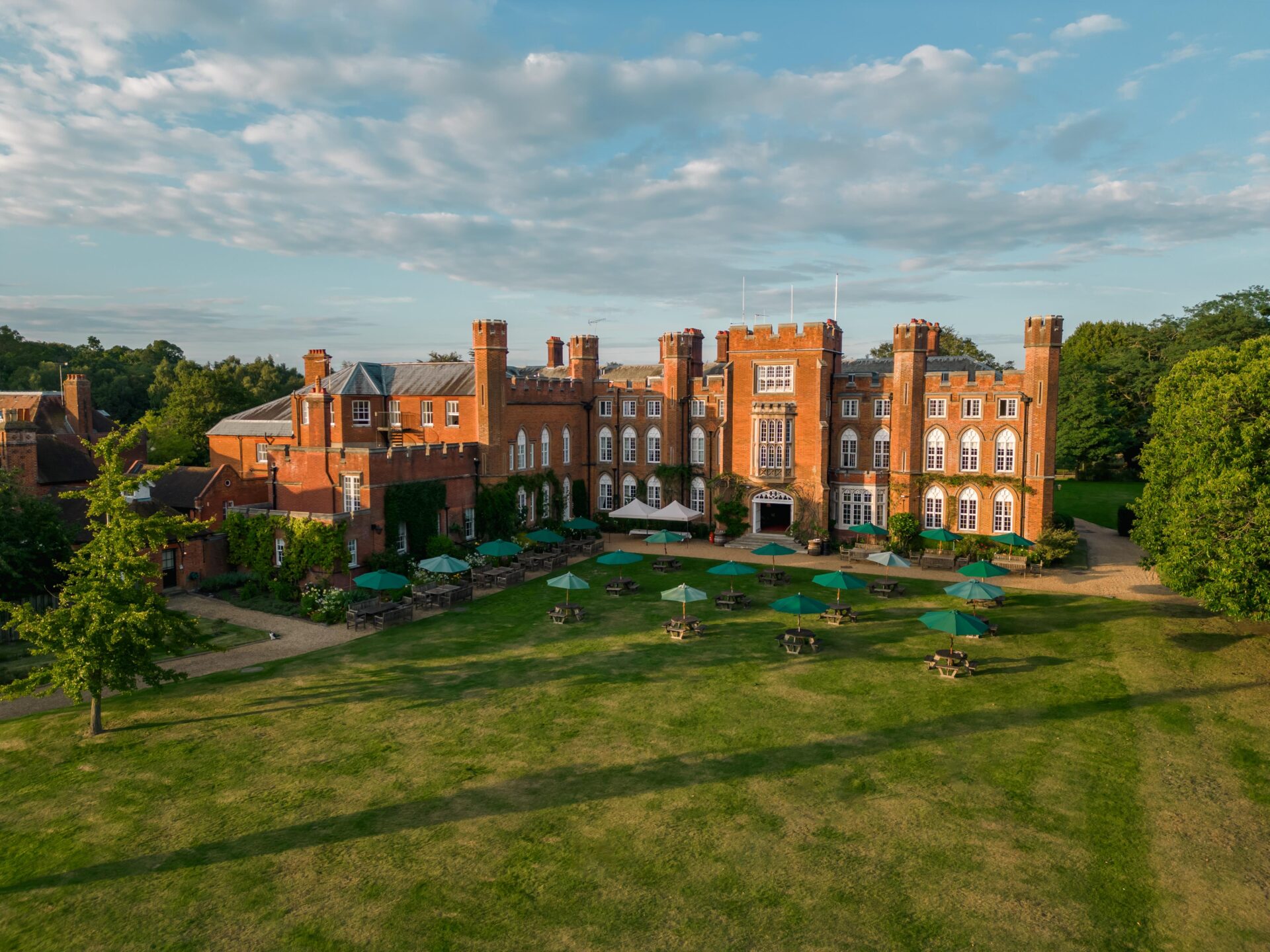 A drone shot of Cumberland Lodge taken from the back lawn