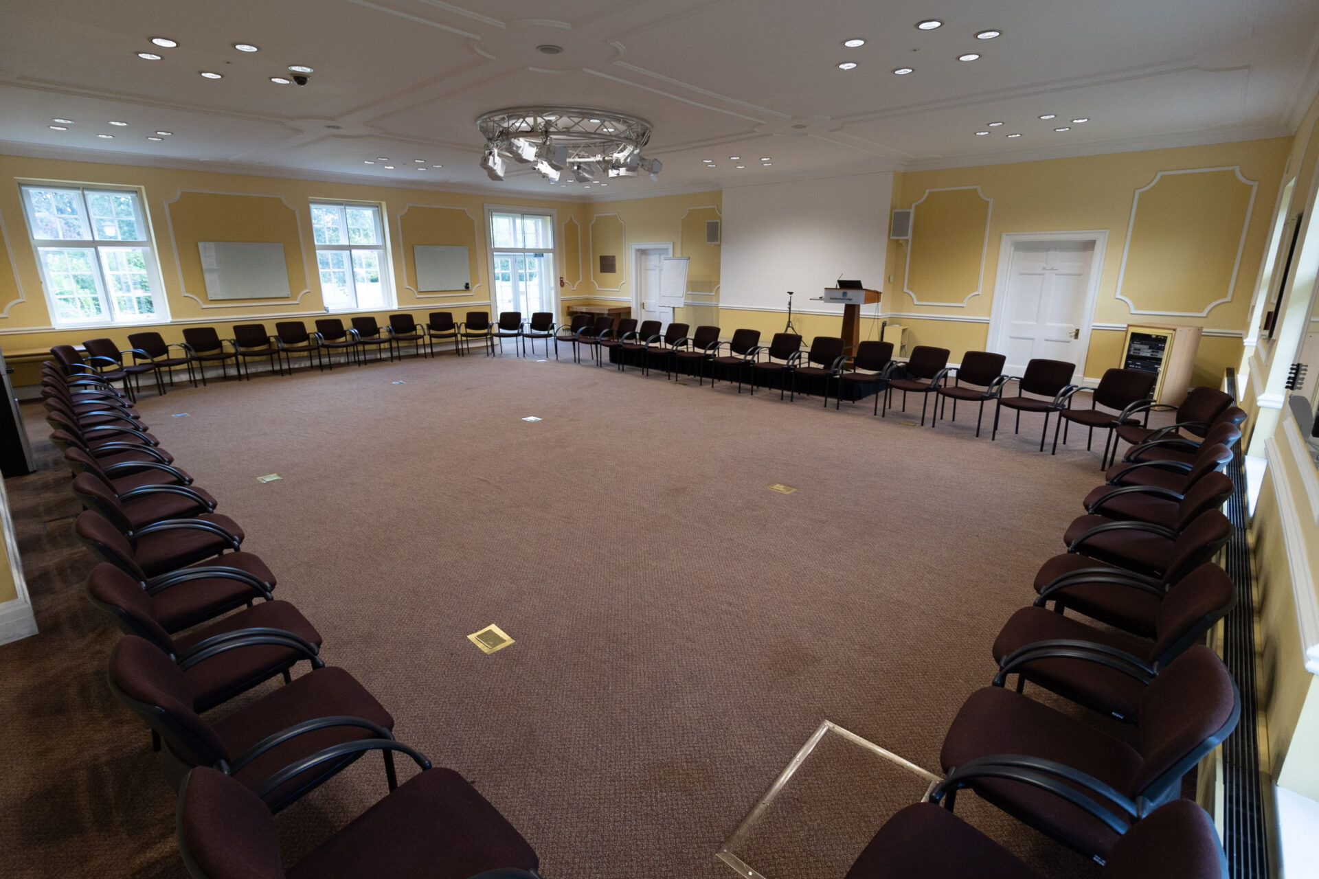 The Flitcroft conference room, set up to accommodate 50 people in a circle.