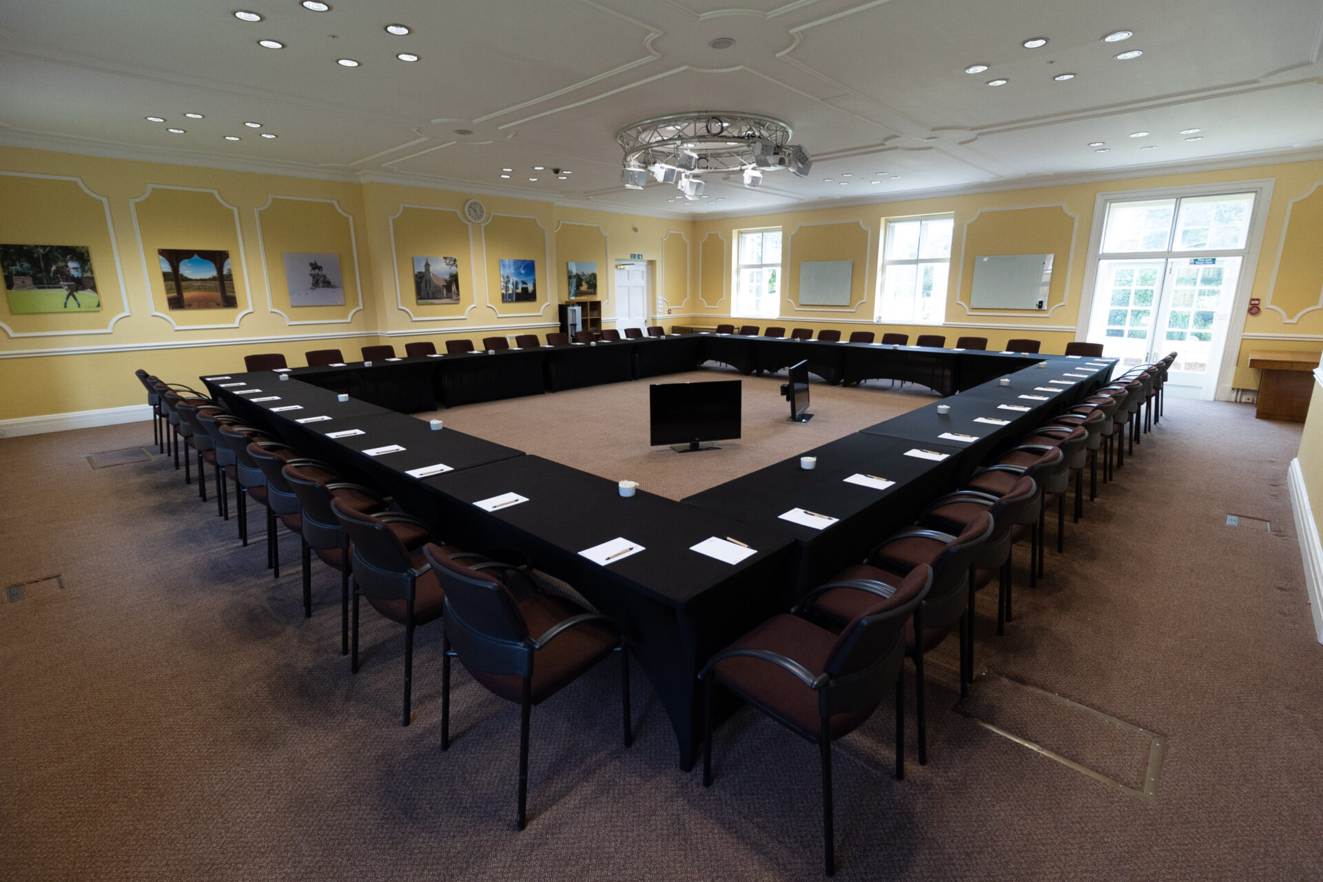 The Flitcroft conference room, set up to accommodate up to 48 people in a boardroom layout.