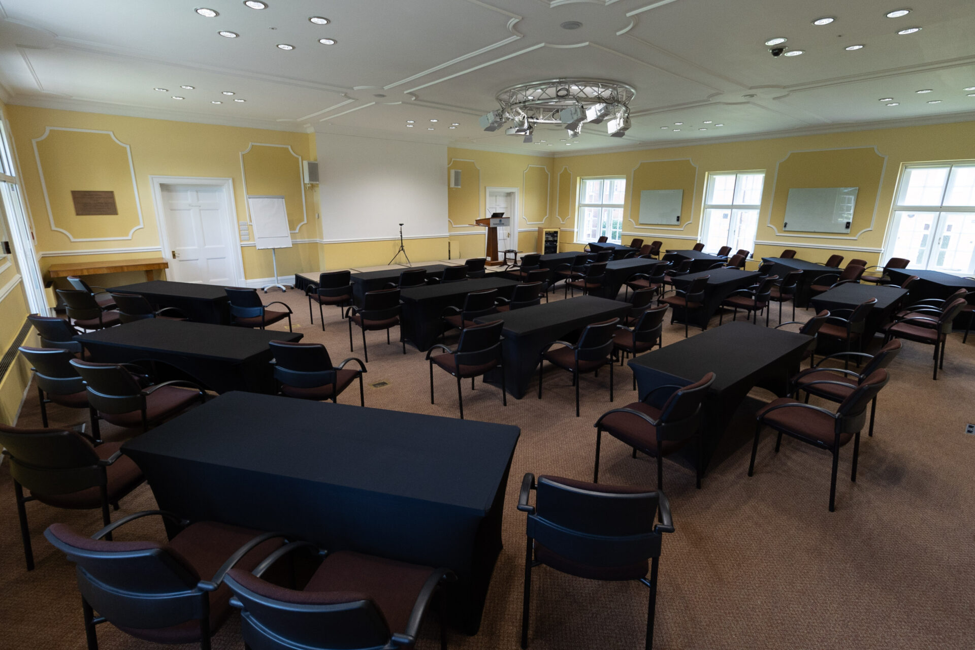 The Flitcroft conference room, set up to accommodate up to 60 students in a classroom layout.