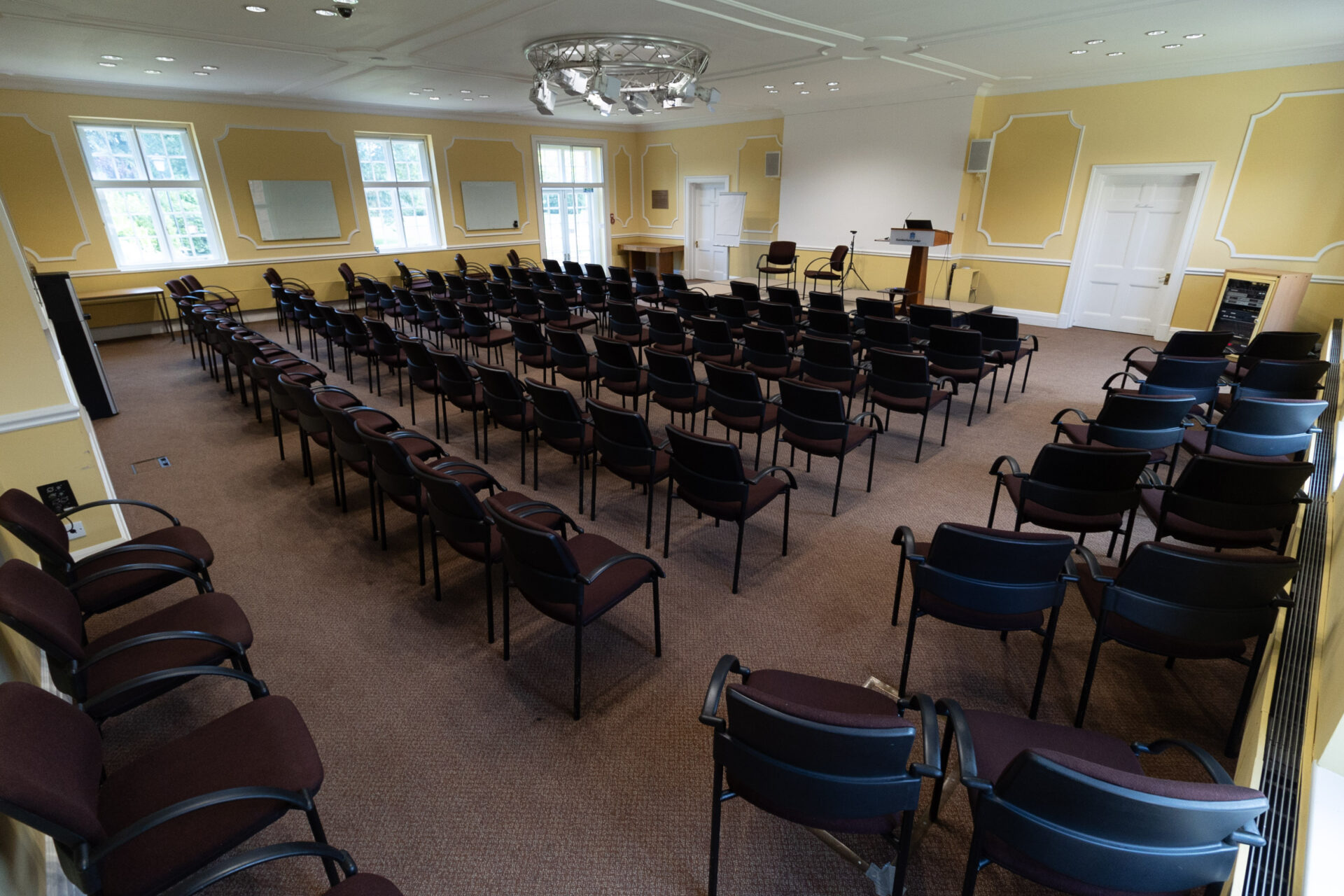 The Flitcroft conference room, set up to accommodate up to 100 people in a theatre layout.