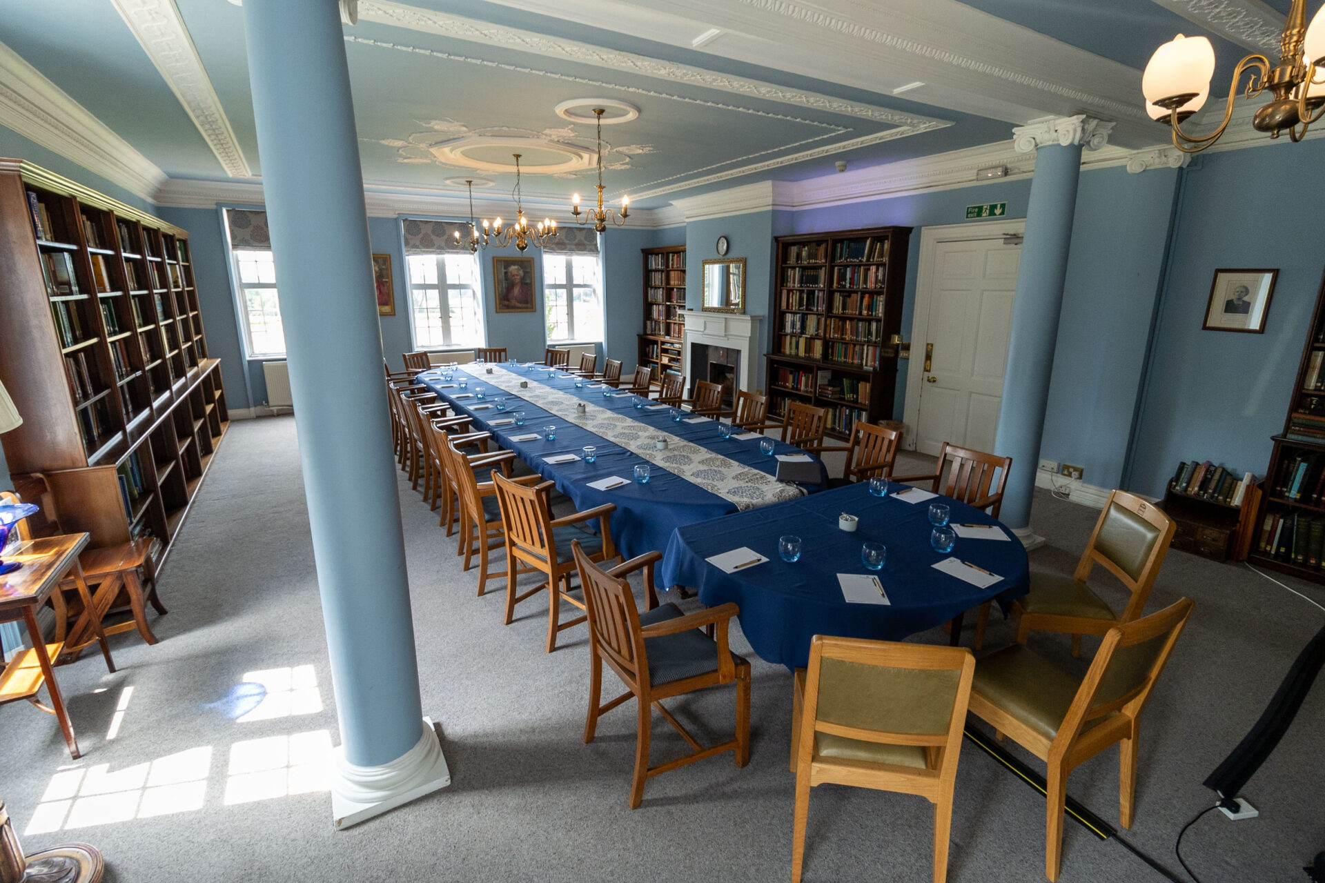 The Amy Buller Library in Cumberland Lodge, set up to accommodate 25 guests