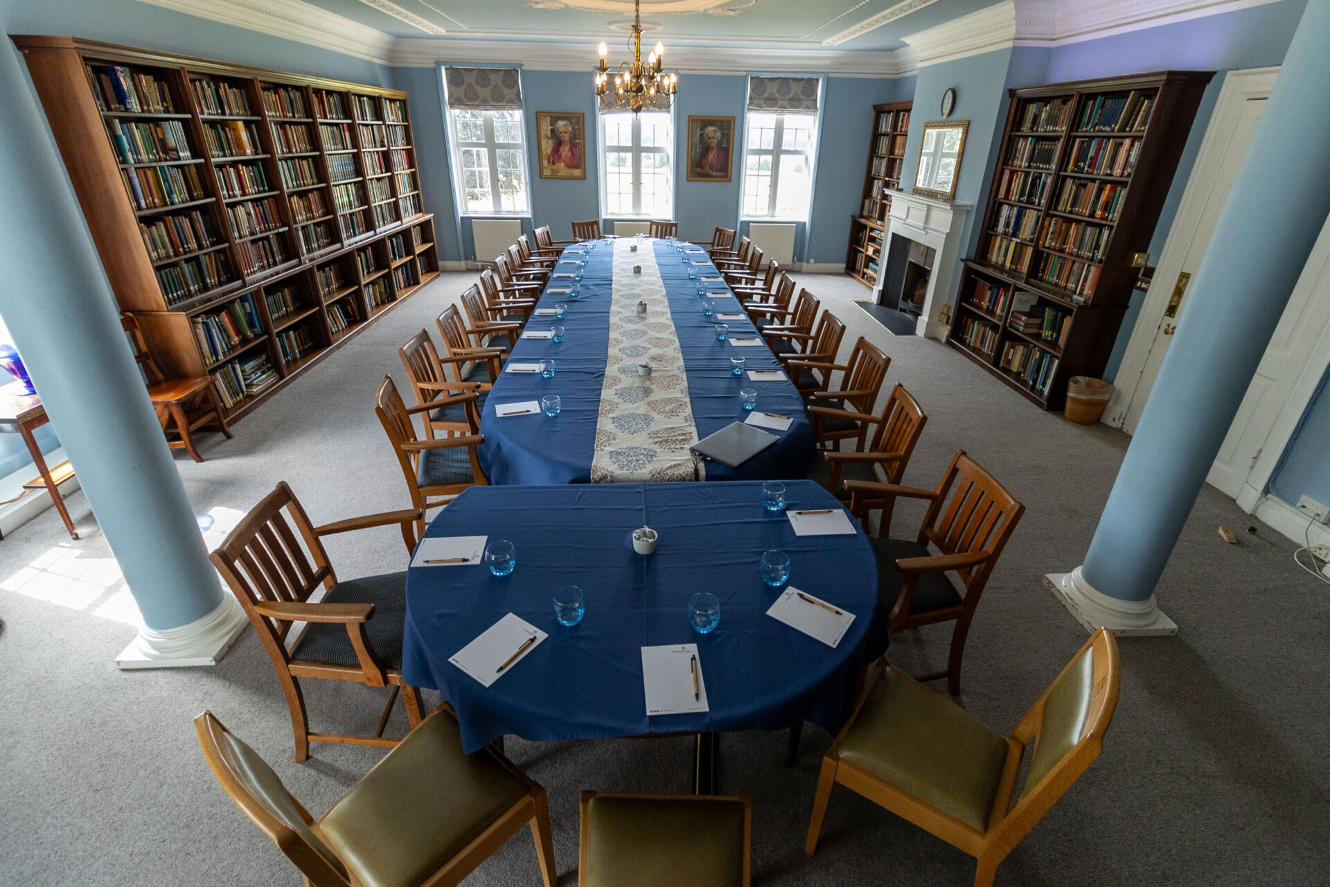 The Amy Buller Library in Cumberland Lodge, set up to accommodate 25 guests