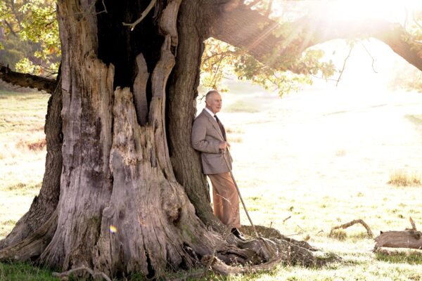His Majesty the King leaning against an old oak tree in Windsor Great Park