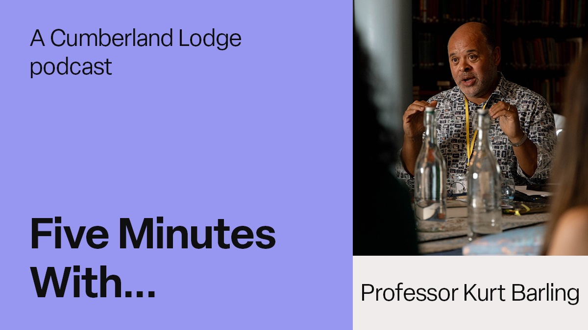 An image of Kurt Barling in the Cumberland Lodge Library, alongside the text: "A Cumberland Lodge podcast, Five Minutes With... Professor Kurt Barling"