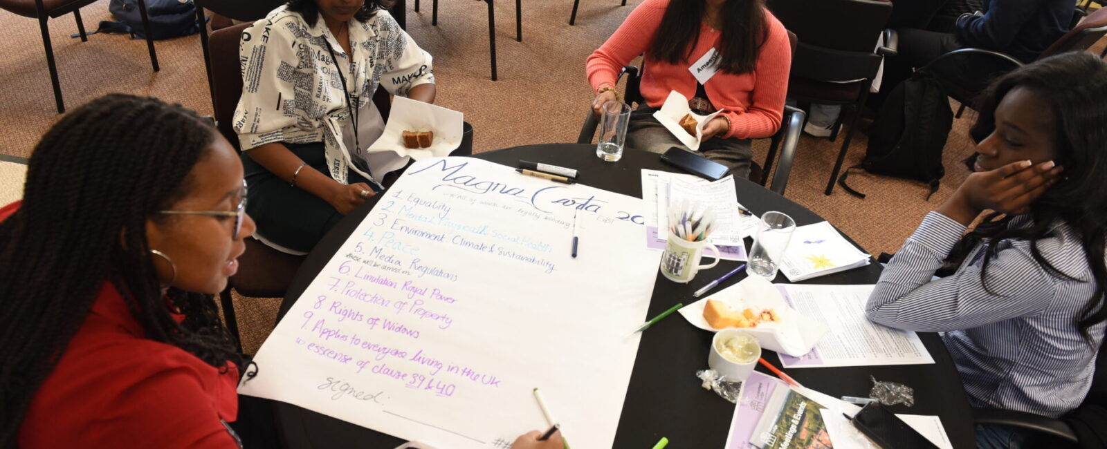 A group of young people seated around a table, working together.