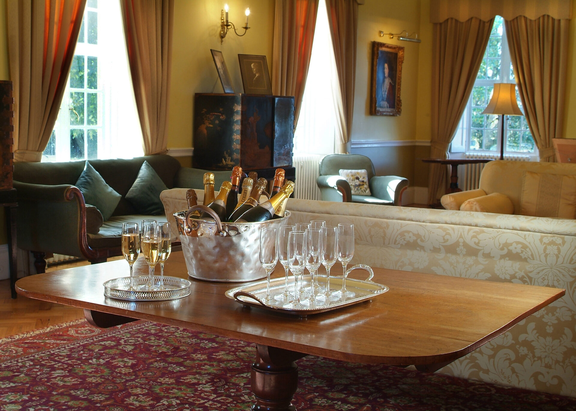 Champagne flutes on the table in the Drawing Room.